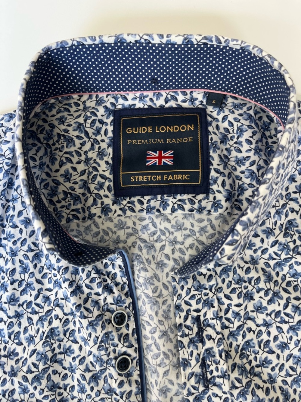 GUIDE LONDON Blue White Stretch Button Down Shirt Slim Fit Dress Shirt